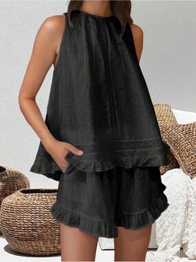 SHEIN Black Two-Piece Ruffle Trim Open Back Sleeveless Top & Short Set Sz Large